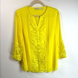 (A5)NWIsaac Mizrahi Live! Floral Embroidered Sheer V-Neck Blouse,Bright Yellow M
